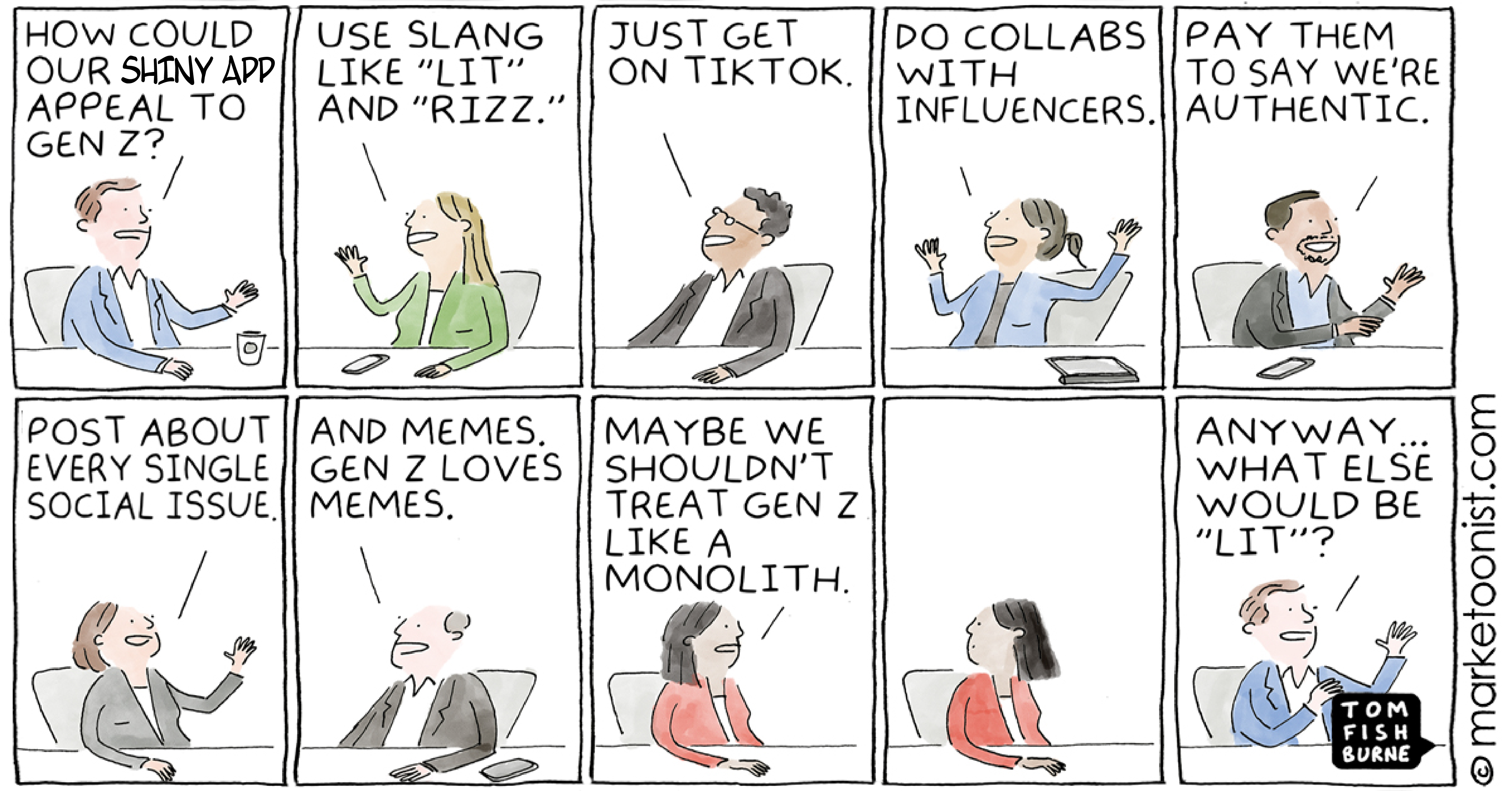 A comic of people discussing how to appeal to gen-z. For full description, click on the link that reads, show description.