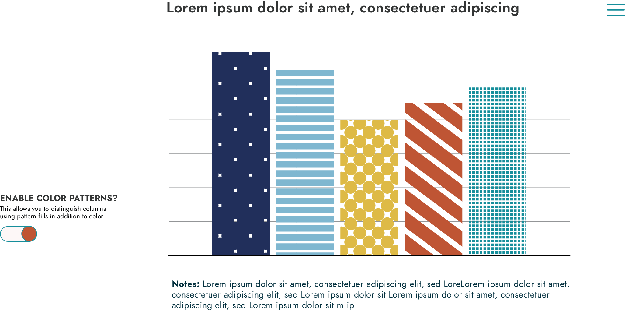 An Illustration showing a bar graph with colors overlaid with patterns.