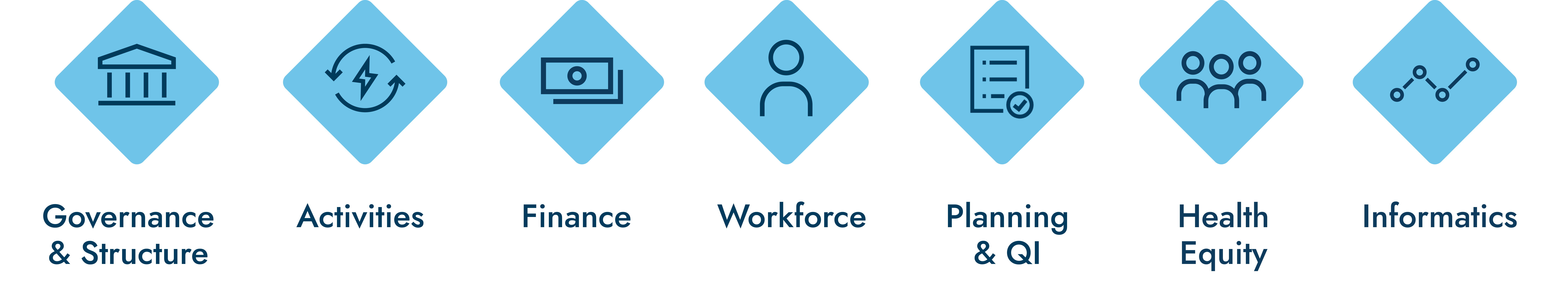 Icons that represent the following program areas: Governance, Structure, Activities, Finance, Workforce, Planning and Quality Improvement, Healthy Equity, and Informatics